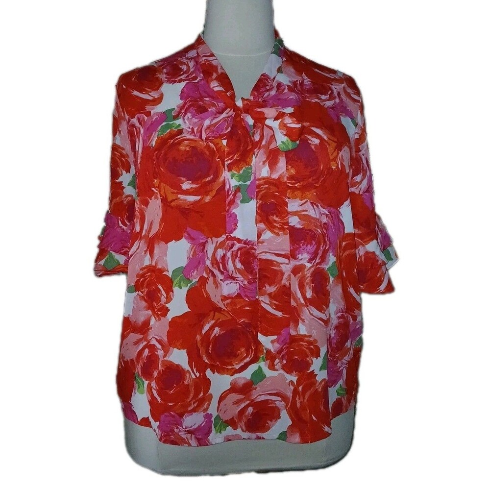 NWT NEW YORK & CO Women XXL Georgette Floral Career Short Sleeve Pink Top Blouse